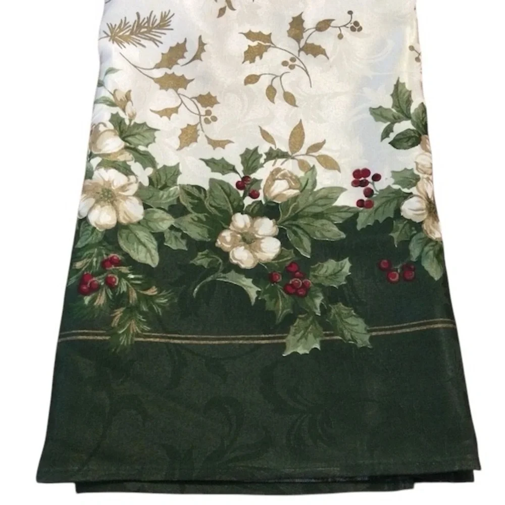 Vintage Table Cloth Luxury Holiday Christmas Floral Holly Ivory Cream Gold Green
